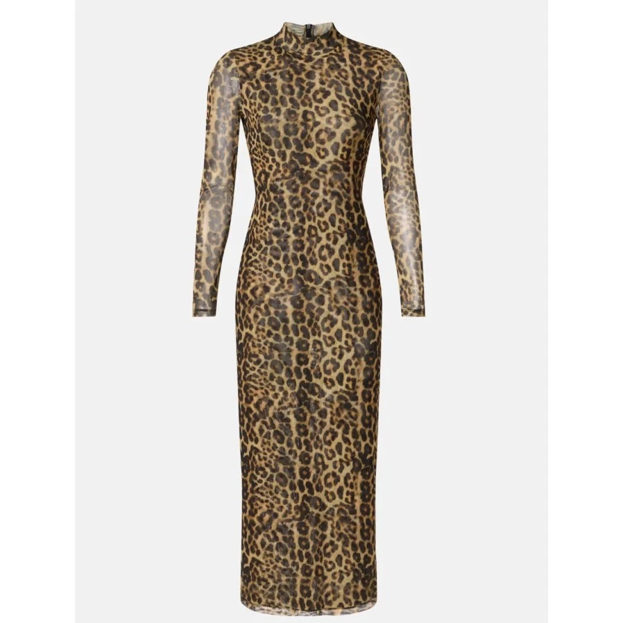 Ronny Kobo Leopard Print Mesh Midi Dress MEDIUM Bodycon Sheer Turtleneck $380 - Image 4 of 4