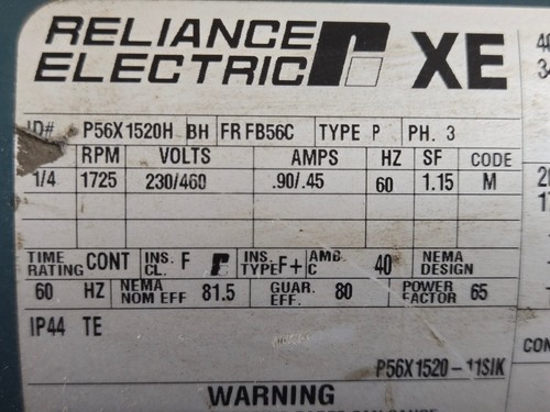 1/4 HP RELIANCE MOTOR, 1725 RPM, Fr. FB56C, 3Ph, 230460 Volts, ID# P56X 1520H - Picture 6 of 9