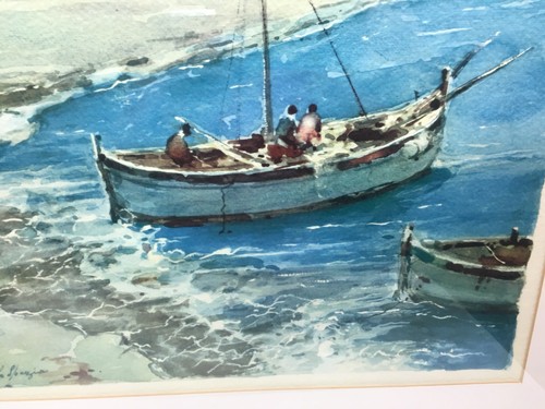 1955 Aquarell Kunst Gemälde MONTEROSSO LA SPEZIA KÜSTE ITALIEN von A Gheoluri - Bild 4 von 6