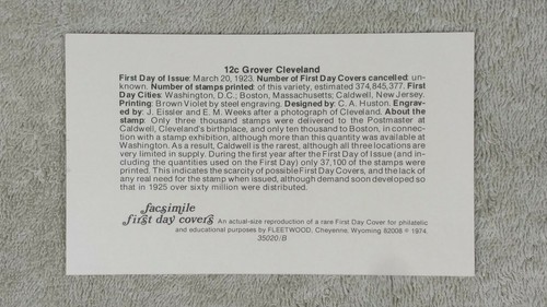 12 Cent Grover Cleveland - Facsimile First Day Cover - March 20, 1923 - VGC - Picture 2 of 2