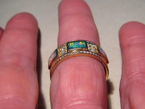 Men's Opal & Diamond Ring , Solid 14 k Yellow gold , Size 12 , Brighness 5 + - Picture 7 of 11