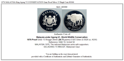 Moneda Ringit Malasia King Agong VI 1976 CONSERVATION Gaur a prueba de plata 15 i90066 - Imagen 3 de 3