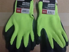 2 Pairs of Heavy Duty Latex Dipped Work Gloves Tool Bench Neon Safety Yello.