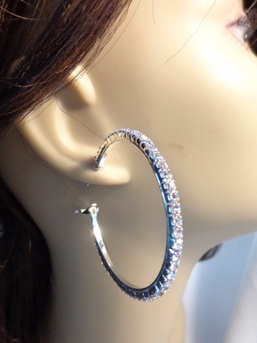 CRYSTAL RHINESTONE HOOP EARRINGS SILVER TONE PLATED HOOPS 1.75 inch - Picture 2 of 5
