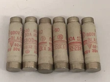 6 EUROPEAN STYLE CERAMIC FUSES BLA030D, 32-1032, 600V, 30 AMP