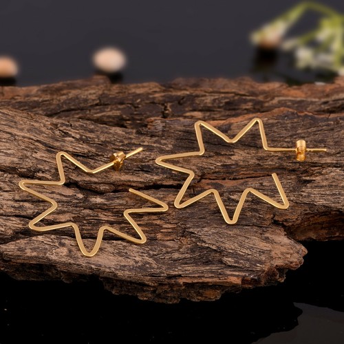 925 Sterling Silver Star Hoop Earrings Gold Plated Without Gemstone Earring - Picture 5 of 7