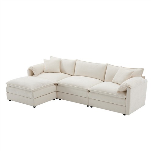 Chenille Modular Sectional Sofa 4 Seat L-Shaped Deep Seat Cloud Couch w/Ottoman - Picture 11 of 12