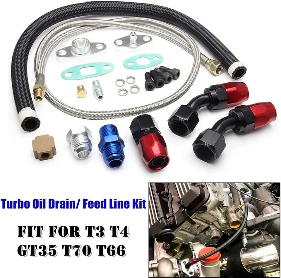 Oil Feed Line+10AN Oil Drain Return Fitting Kit For Turbo T3 T4 T6 GT45 T04E T66 Foto 3 de 4