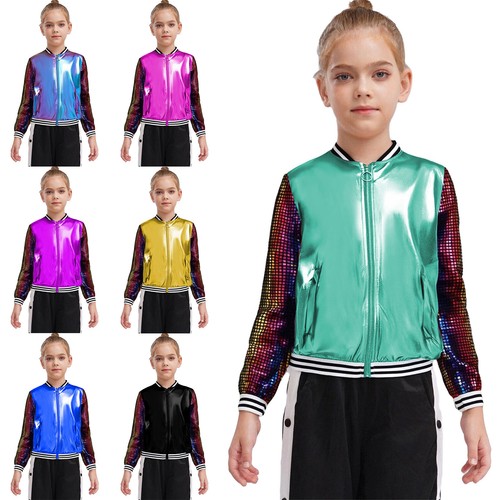 Kids Girls Bomber Jacket Shiny Metallic Street Disco Baseball Hip Hop Jazz Dance - Picture 3 of 48
