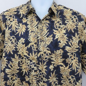 Hilo-Hattie-Navy-Blue-Yellow-Floral-Lei-Hawaiian-Aloha-Shirt-Mens-L