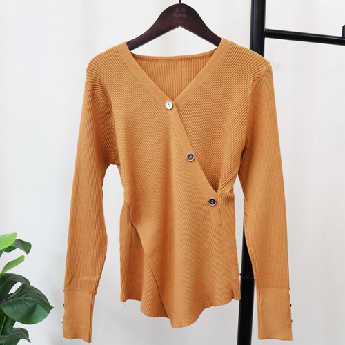 Dama Cruzado Cuello en V Tejido Suéter Manga Larga Pullover Recortado Top Calce Suéter - Imagen 7 de 27