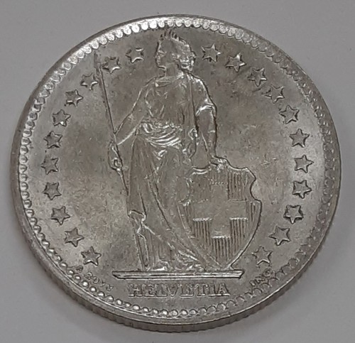 1965-B Switzerland/Helvetia 2 Francs Silver Coin UNC/May Have Toning, Bag Marks - Picture 2 of 2
