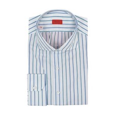 650 ISAIA NAPOLI White  Blue Hand-Sewn Striped Dress Shirt Cotton 18 - 45