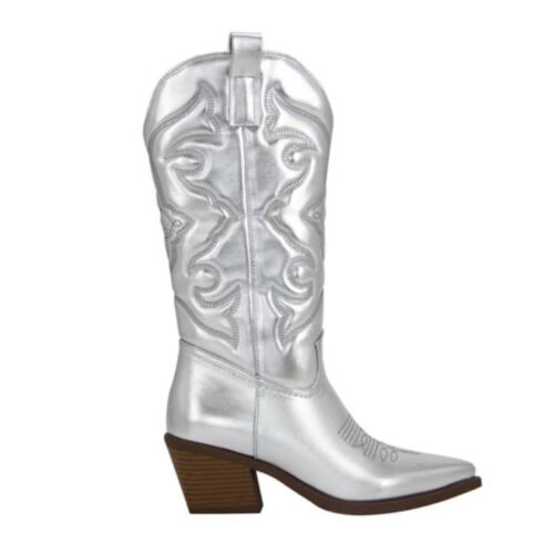 Women's Zipper Leather Block Low Heel Western Cowboy Boots Pointed Toe Shoes - Picture 4 of 18