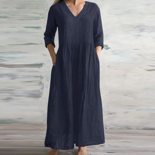 Verano Algodón Lino Suelto Vestidos Largos Para Mujer 2025 Primavera Nuevo Informal Medio - Imagen 23 de 28