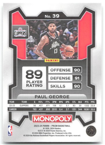 2023-24 Panini Prizm Monopoly #39 Paul George - Picture 2 of 2