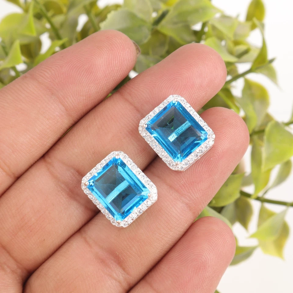 Aretes suizos de circón con piedras preciosas de topacio azul de plata de ley 925 0,57" Foto 3 de 4