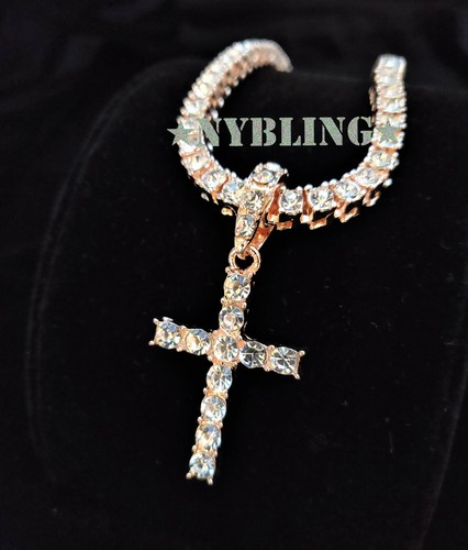 14k Gold Plated Tennis Chain Cross Pendant CZ Choker Necklace ICED Jewelry 5MM - Picture 10 of 13