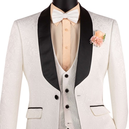 BIG & TALL Men's White Jacquard 3 Piece Slim Fit Tuxedo Wedding Suit NWT - Picture 2 of 3