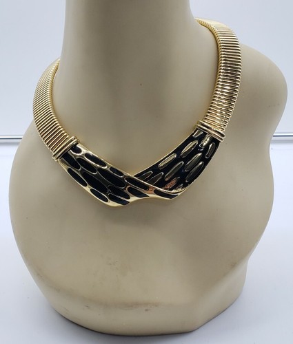 Goldtone And Black 80s Choker Retro Necklace Chunky jewelry Erwin Pearl Signed - Picture 2 of 4