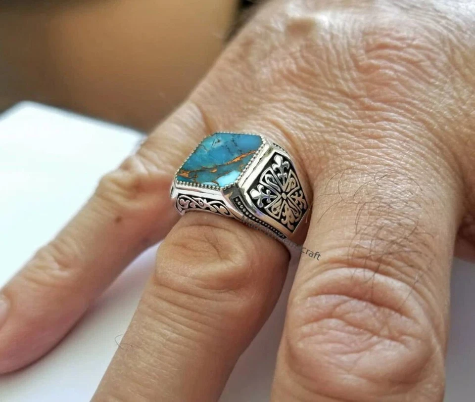 Anillo turquesa cobre azul anillo de plata de ley 925 anillo para hombre anillo de boda de regalo Foto 4 de 4