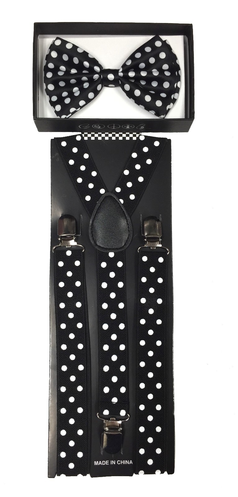 Black White Polka Dot Clip on Bow-Tie & Suspender Set Tuxedo Wedding Formal 