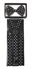 Black White Polka Dot Clip on Bow-Tie & Suspender Set Tuxedo Wedding Formal 