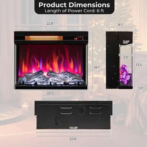 23 Inch 3-Sided Electric Fireplace 1500W Recessed Fireplace Insert-Black - Picture 4 of 5
