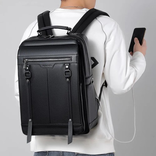 US Men Leather School College Backpack Black Waterproof Laptop Travel Bag BF - Picture 27 of 28