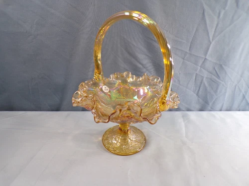 Fenton Marigold Autumn Gold Carnival Glass Water Lily Footed Basket INV2