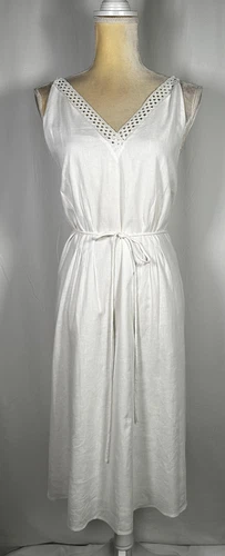 GIBSON LATIMER Dress A-Line Large Flare Linen Belt Midi Sleeveless White Modest