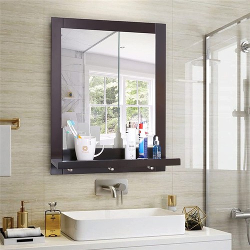Bathroom Wall Mirror Vanity Makeup Mirror with Shelf & 3 Hanging Hooks Home - Picture 7 of 10