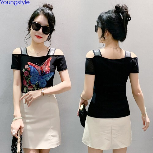 Korean Women Mesh Summer Rhinestone Strap Butterfly Party Tops Blouse T-shirt - Foto 4 di 16