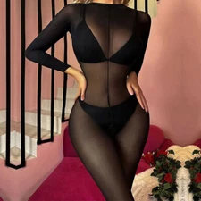 Womens Long Sleeve Bodystocking Crotchless Bodysuit Sheer Nylon Jumpsuit Catsuit