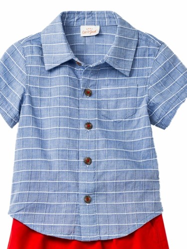 Infant Boys Blue Plaid Button T-Shirt Tee Shirt Red Shorts Outfit Set 12m - Picture 2 of 3