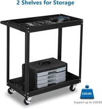 Black 2-Tier Rolling Tool Cart with Ergonomic Handle & Locking Wheels for Garage