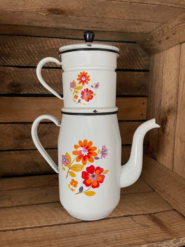 Théière-cafetière En Tôle émaillée Beige - Vintage, Métal émaillé - Occasion