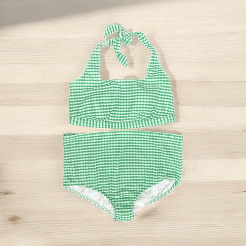 Lands' End Womens Square Neck Bikini Swim Top Bottom XL/XXL Mint Green Check NWT