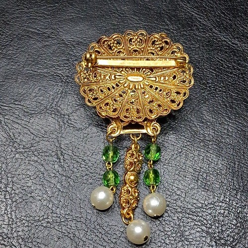 Vintage Pin Brooch & Earrings Set Green Rhinestone & Faux Pearl GERMANY. 16.107 - Picture 9 of 10