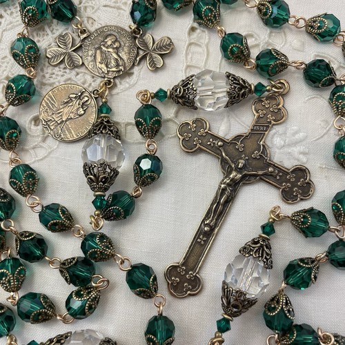 Irish Rosary Emerald Green Crystals Bronze Crucifix Shamrock Center St. Patrick