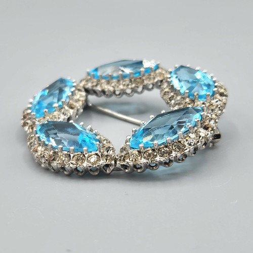 Vintage Sterling Silver Blue Aqua Marquise Glass Paste Round Wreath Brooch 25.4g - Picture 5 of 15