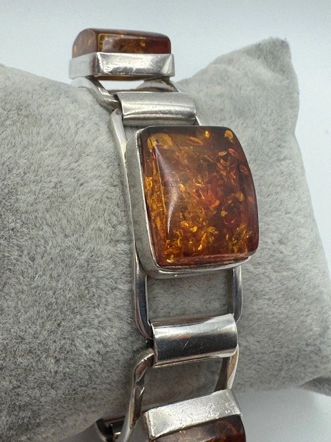 Brazalete tenis vintage grande de plata de ley 925 ámbar báltico para dama Foto 3 de 4