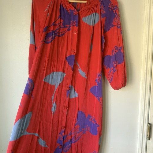Tucker Womens Silk Ruched Abstract Long Sleeve Button Up Shirt Dress Red Size M - Picture 2 of 8