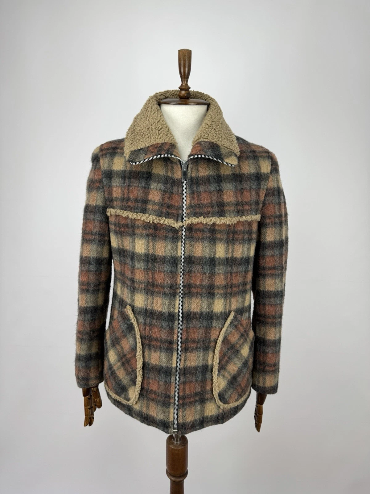 AaBe Holland Sherpa Fleece Plaid Jacket Vintage Zip Coat Warm Lined Size 54/L