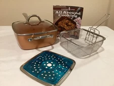 Copper Chef 9.5" Square Fry Pan with Lid, Fry Basket, Trivet, Cookbook
