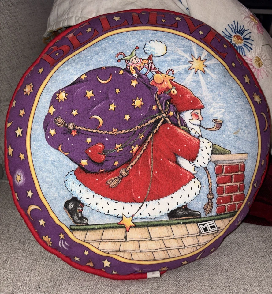 复古 Mary Engelbreit Believe 枕头圆形家庭作品 1994 年圣诞节 — 第 2/4 张图片