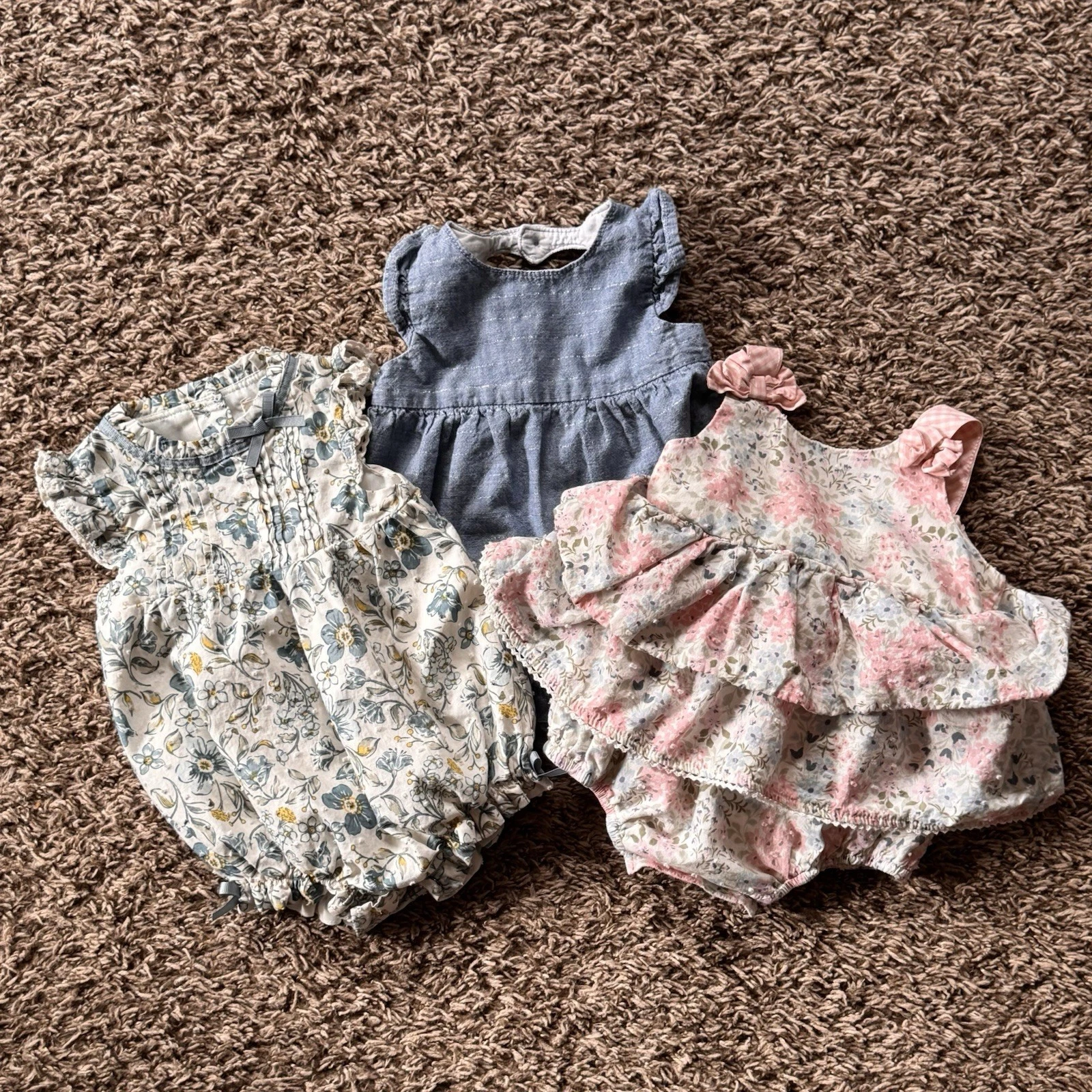 Set Of 3 Baby Clothes Girls Size 3-9 Months Pink Ruffles Romper Boho Cottage