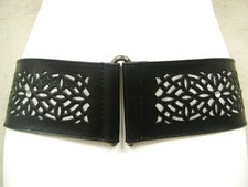 LADIES BLACK STRETCH BELT W/ RHINESTONES GLOWING DESIGN HOOK BUCKLE 28"-36"