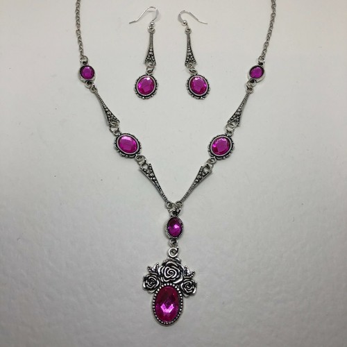 ELEGANT HOT PINK VICTORIAN STYLE 3 ROSES NECKLACE EARRING SET DK SILVER PLATED - Picture 5 of 7