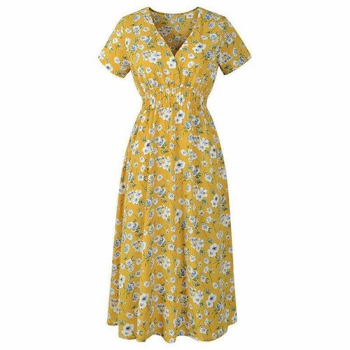 Damen V-Ausschnitt Boho Blumenmuster Midi Kleid kurzärmelig Sommer Strand Freizeit Sommerkleid - Bild 12 von 20